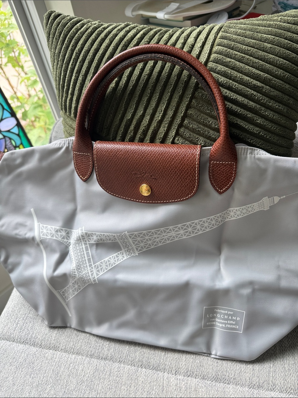 Longchamp Gray Tote with Brown Leather Handles and Eiffel Tower Print